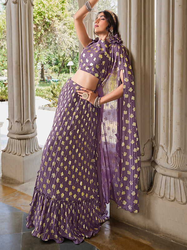 Light Purple Georgette Stitched Lehenga with Metallic Foil Work & Fancy Dupatta