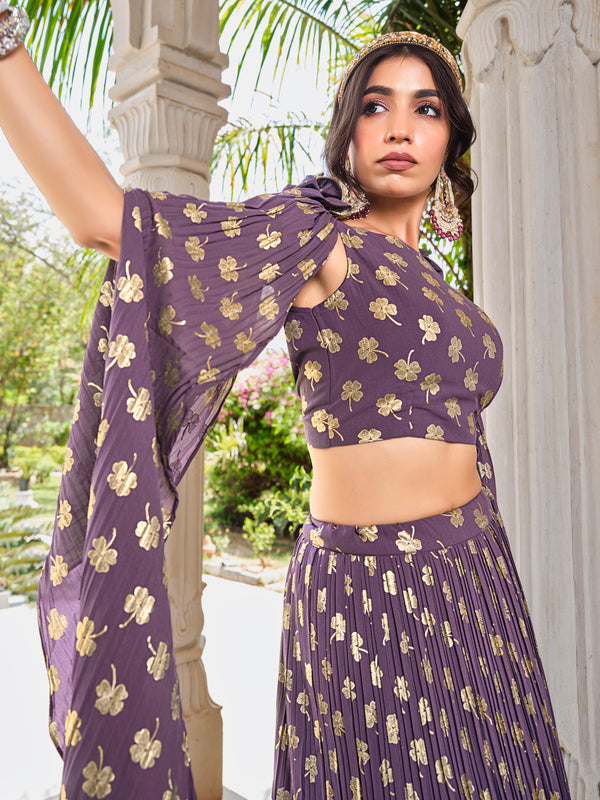 Light Purple Georgette Stitched Lehenga with Metallic Foil Work & Fancy Dupatta