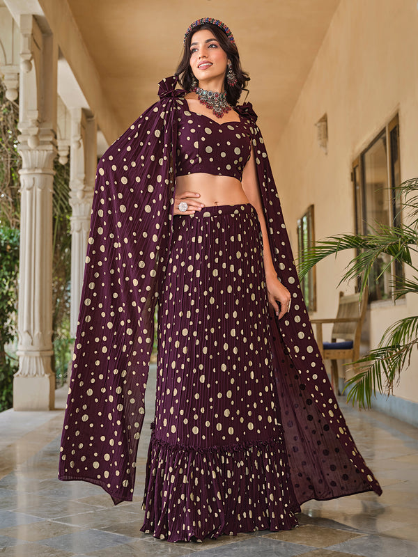 Purple Georgette Stitched Lehenga with Metallic Foil Work & Fancy Dupatta