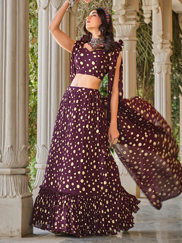 Purple Georgette Stitched Lehenga with Metallic Foil Work & Fancy Dupatta