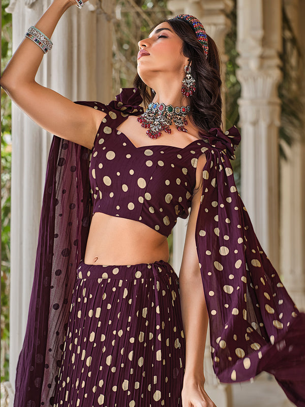 Purple Georgette Stitched Lehenga with Metallic Foil Work & Fancy Dupatta
