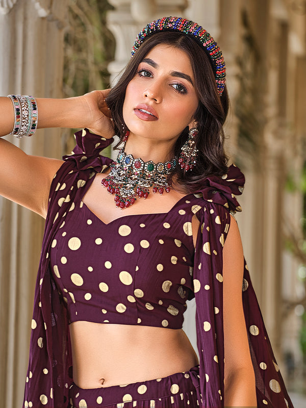 Purple Georgette Stitched Lehenga with Metallic Foil Work & Fancy Dupatta