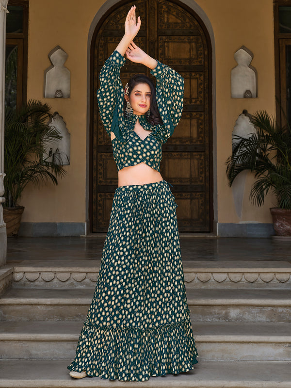 Green Georgette Stitched Lehenga with Metallic Foil Work & Koti Style Jacket