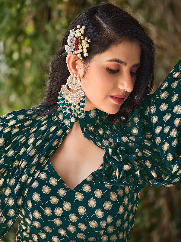 Green Georgette Stitched Lehenga with Metallic Foil Work & Koti Style Jacket