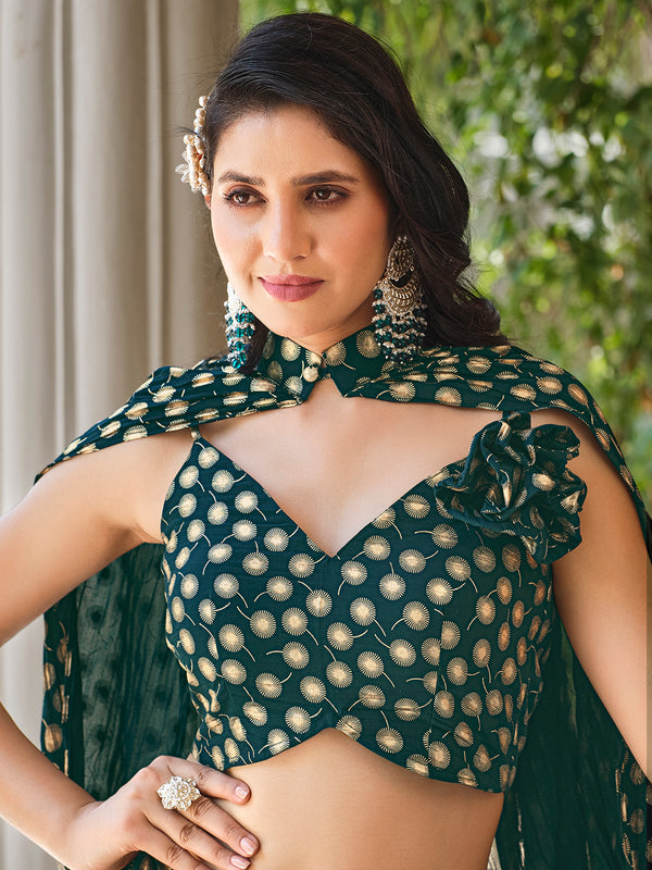 Green Georgette Stitched Lehenga with Metallic Foil Work & Koti Style Jacket