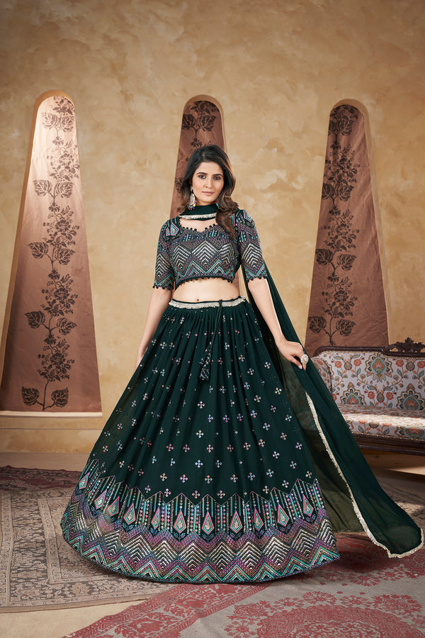 Green Georgette Stitched Lehenga with Pigment Foil Work & Lace Border