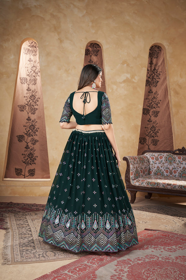 Green Georgette Stitched Lehenga with Pigment Foil Work & Lace Border