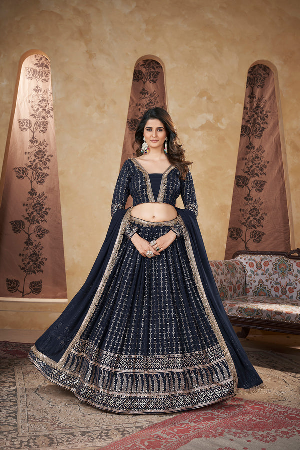Navy Blue Georgette Stitched Lehenga with Pigment Foil Work & Lace Border