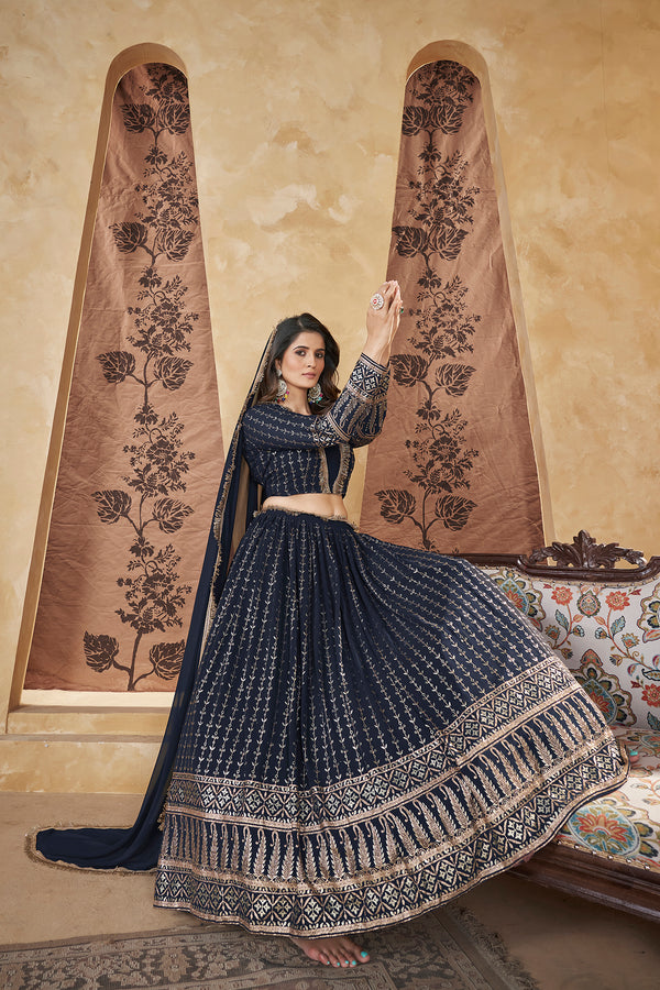 Navy Blue Georgette Stitched Lehenga with Pigment Foil Work & Lace Border