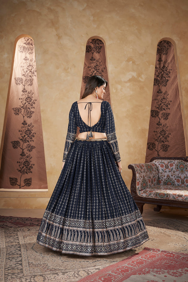 Navy Blue Georgette Stitched Lehenga with Pigment Foil Work & Lace Border