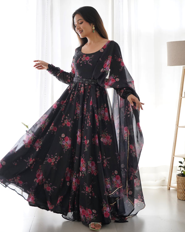 Timeless Black Floral Printed Organza Anarkali Suit – Elegant Wedding & Festive Wear