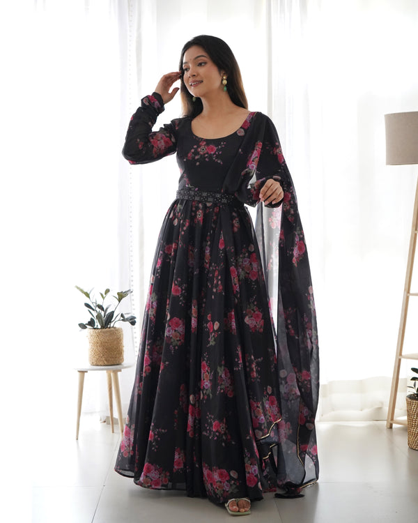 Timeless Black Floral Printed Organza Anarkali Suit – Elegant Wedding & Festive Wear