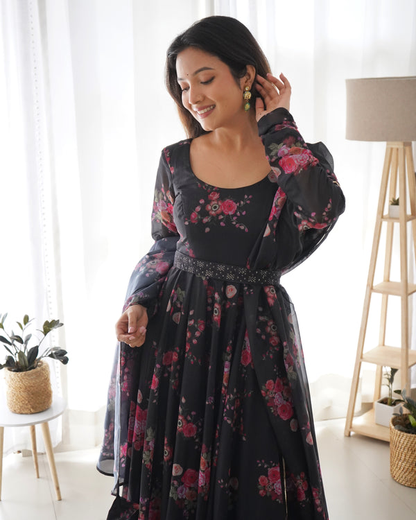 Timeless Black Floral Printed Organza Anarkali Suit – Elegant Wedding & Festive Wear