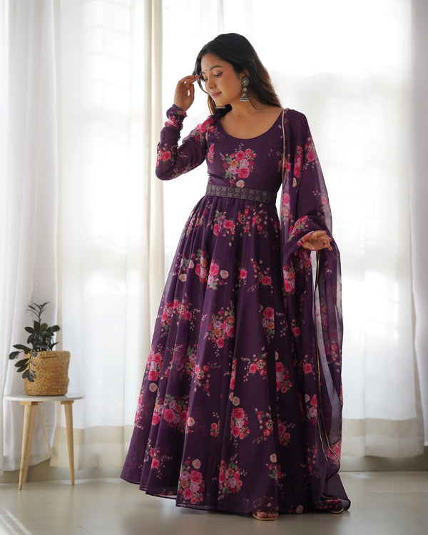 Timeless Black Floral Printed Organza Anarkali Suit – Elegant Wedding & Festive Wear