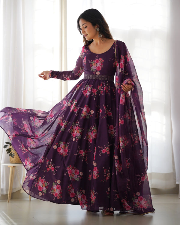 Timeless Black Floral Printed Organza Anarkali Suit – Elegant Wedding & Festive Wear