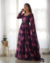 Timeless Black Floral Printed Organza Anarkali Suit – Elegant Wedding & Festive Wear