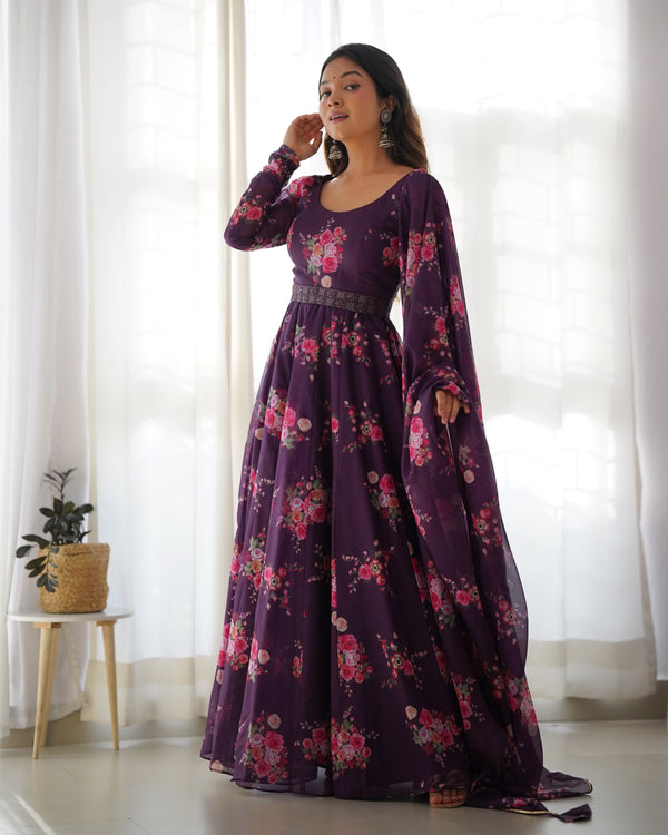 Timeless Black Floral Printed Organza Anarkali Suit – Elegant Wedding & Festive Wear