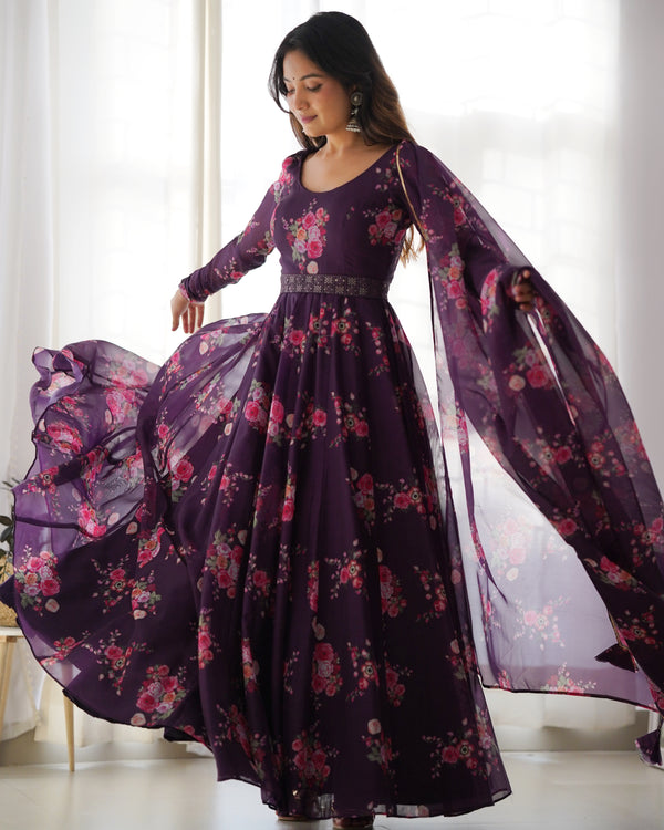 Timeless Black Floral Printed Organza Anarkali Suit – Elegant Wedding & Festive Wear