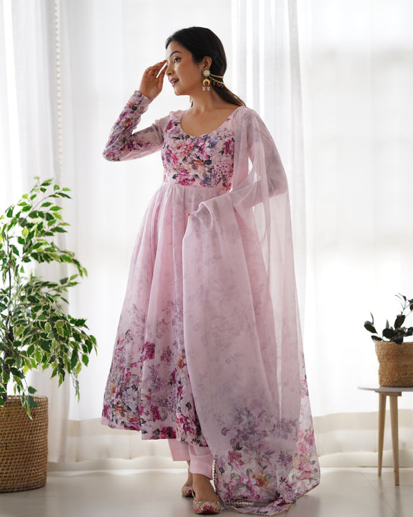 Exquisite Pure Organza Silk Anarkali Set with Dupatta & Pant – A Perfect Festive Ensemble