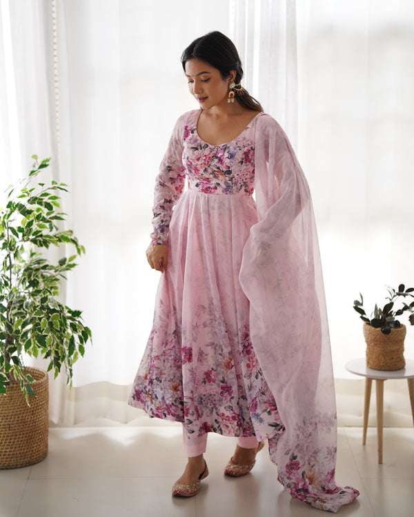 Exquisite Pure Organza Silk Anarkali Set with Dupatta & Pant – A Perfect Festive Ensemble