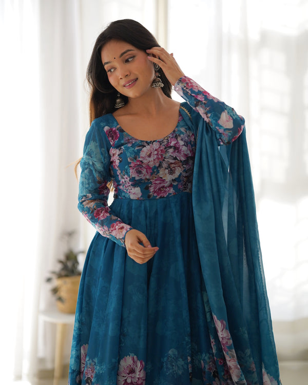 Exquisite Pure Organza Silk Anarkali Set with Dupatta & Pant – A Perfect Festive Ensemble