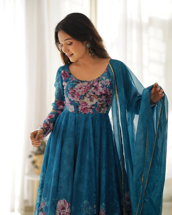 Exquisite Pure Organza Silk Anarkali Set with Dupatta & Pant – A Perfect Festive Ensemble