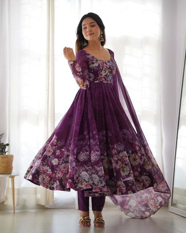 Exquisite Pure Organza Silk Anarkali Set with Dupatta & Pant – A Perfect Festive Ensemble