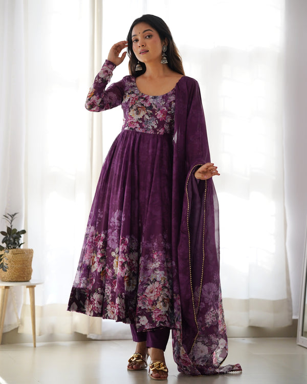 Exquisite Pure Organza Silk Anarkali Set with Dupatta & Pant – A Perfect Festive Ensemble