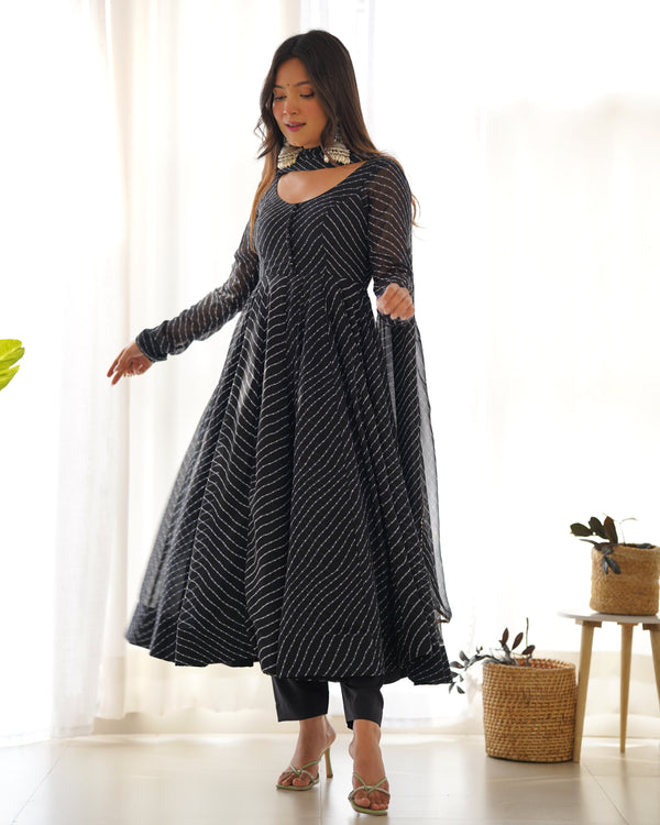 Luxury Laheriya Print Anarkali Set in Pure Fox Georgette – A Perfect Summer Wedding Outfit