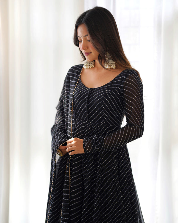 Luxury Laheriya Print Anarkali Set in Pure Fox Georgette – A Perfect Summer Wedding Outfit