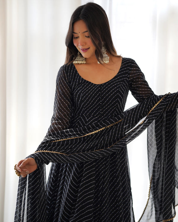 Luxury Laheriya Print Anarkali Set in Pure Fox Georgette – A Perfect Summer Wedding Outfit