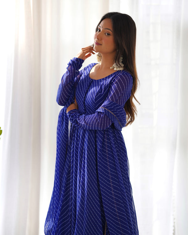 Luxury Laheriya Print Anarkali Set in Pure Fox Georgette – A Perfect Summer Wedding Outfit