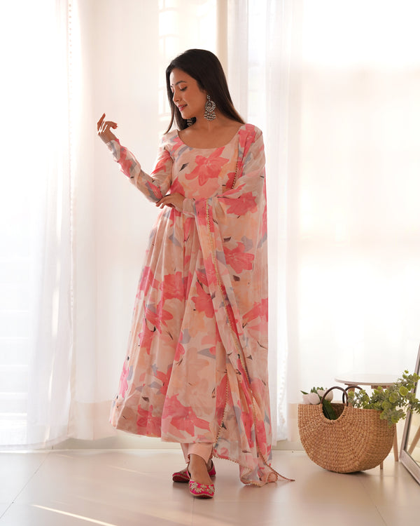 Elegant Multi-Floral Print Anarkali Set in Pure Fox Georgette – Perfect for Summer Weddings