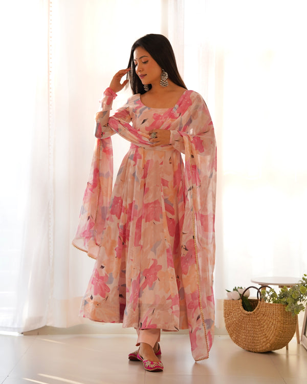 Elegant Multi-Floral Print Anarkali Set in Pure Fox Georgette – Perfect for Summer Weddings