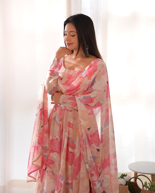 Elegant Multi-Floral Print Anarkali Set in Pure Fox Georgette – Perfect for Summer Weddings