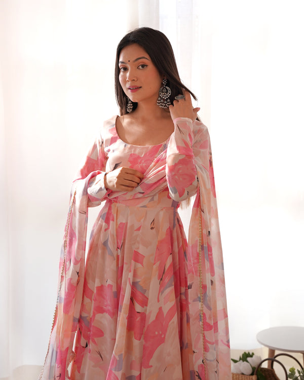 Elegant Multi-Floral Print Anarkali Set in Pure Fox Georgette – Perfect for Summer Weddings