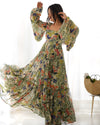 Elegant Floral Print Fox Georgette Maxi – 6-Meter Flair with Balloon Sleeves