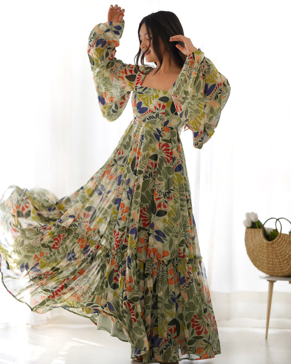 Elegant Floral Print Fox Georgette Maxi – 6-Meter Flair with Balloon Sleeves