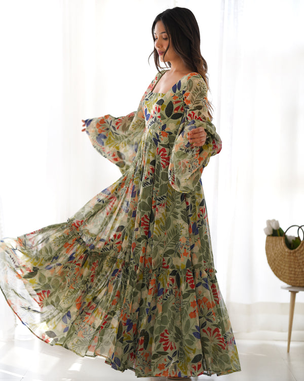 Elegant Floral Print Fox Georgette Maxi – 6-Meter Flair with Balloon Sleeves