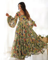 Elegant Floral Print Fox Georgette Maxi – 6-Meter Flair with Balloon Sleeves