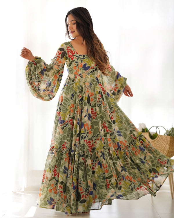 Elegant Floral Print Fox Georgette Maxi – 6-Meter Flair with Balloon Sleeves