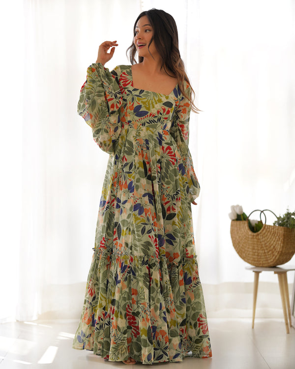 Elegant Floral Print Fox Georgette Maxi – 6-Meter Flair with Balloon Sleeves