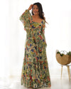 Elegant Floral Print Fox Georgette Maxi – 6-Meter Flair with Balloon Sleeves