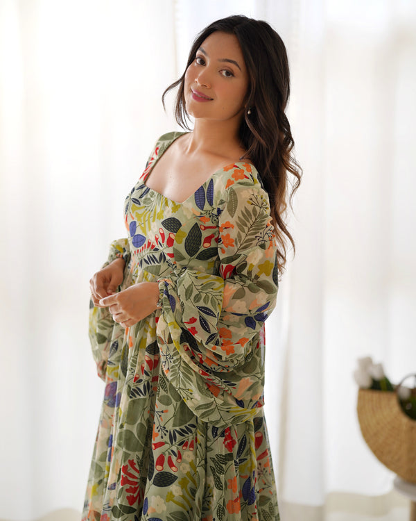 Elegant Floral Print Fox Georgette Maxi – 6-Meter Flair with Balloon Sleeves