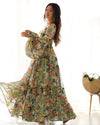 Elegant Floral Print Fox Georgette Maxi – 6-Meter Flair with Balloon Sleeves