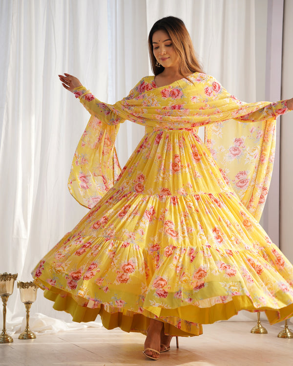 Royal Kalamkari Floral Print Anarkali Set – 8.25 Meter Flair with Dupatta & Pant