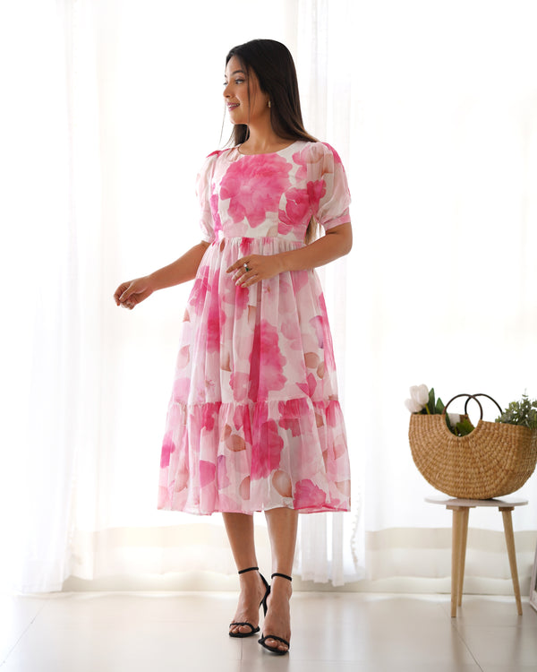 Summer Special Floral Print Organza Silk One-Piece Dress – Ready to Wear