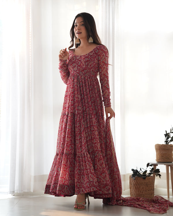 Vibrant Kalamkari Print Fox Georgette Anarkali Set – 8.25m Flair, Shawl-Style Dupatta