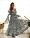 Elegant Zigzag Print Fox Georgette Anarkali Set – 7m Flair, Lace Work Dupatta & Pant