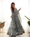 Elegant Zigzag Print Fox Georgette Anarkali Set – 7m Flair, Lace Work Dupatta & Pant